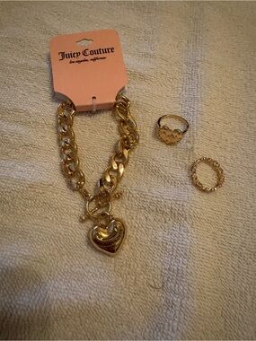 Juicy Couture Gold Heart Lock Charm Bracelet with Matching Rings